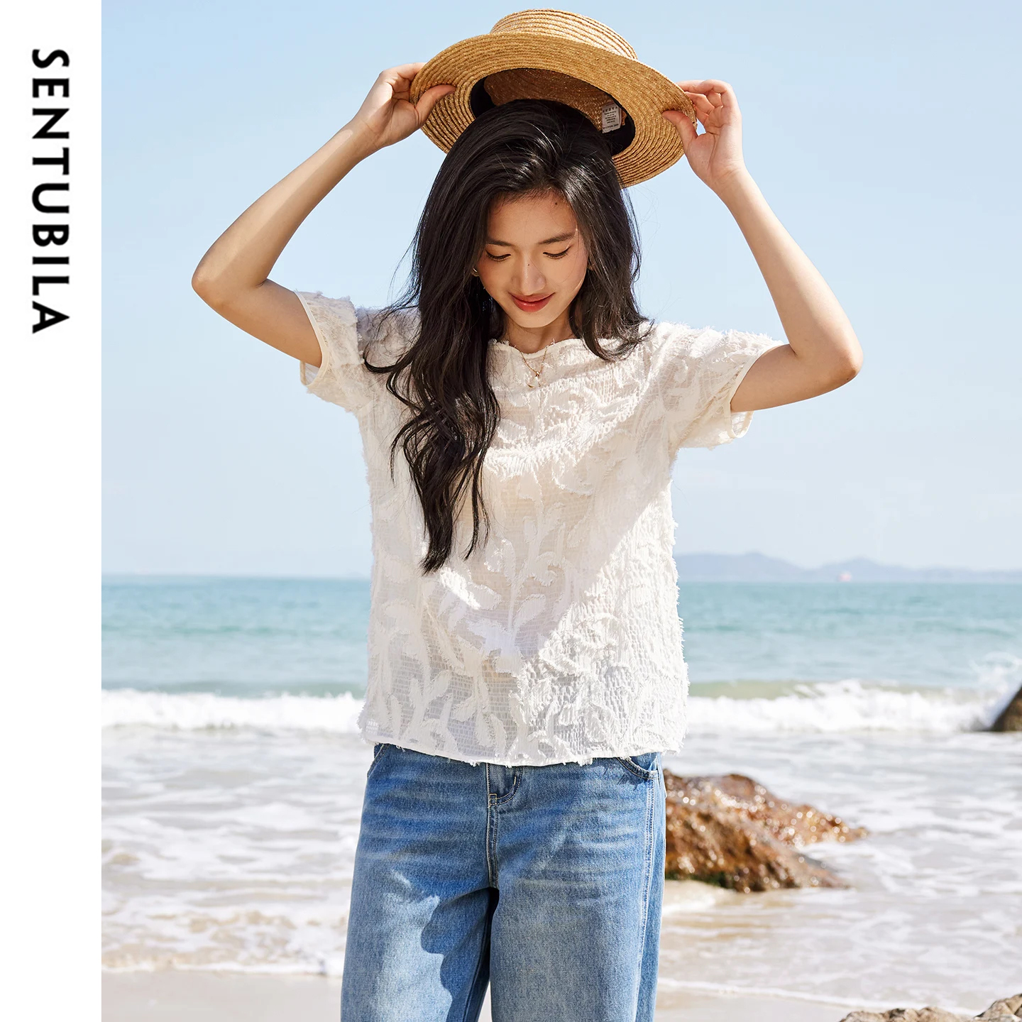 Tassel Fringe Trim - SENTUBILA 여성용 원 숄더 반소매 블라우스