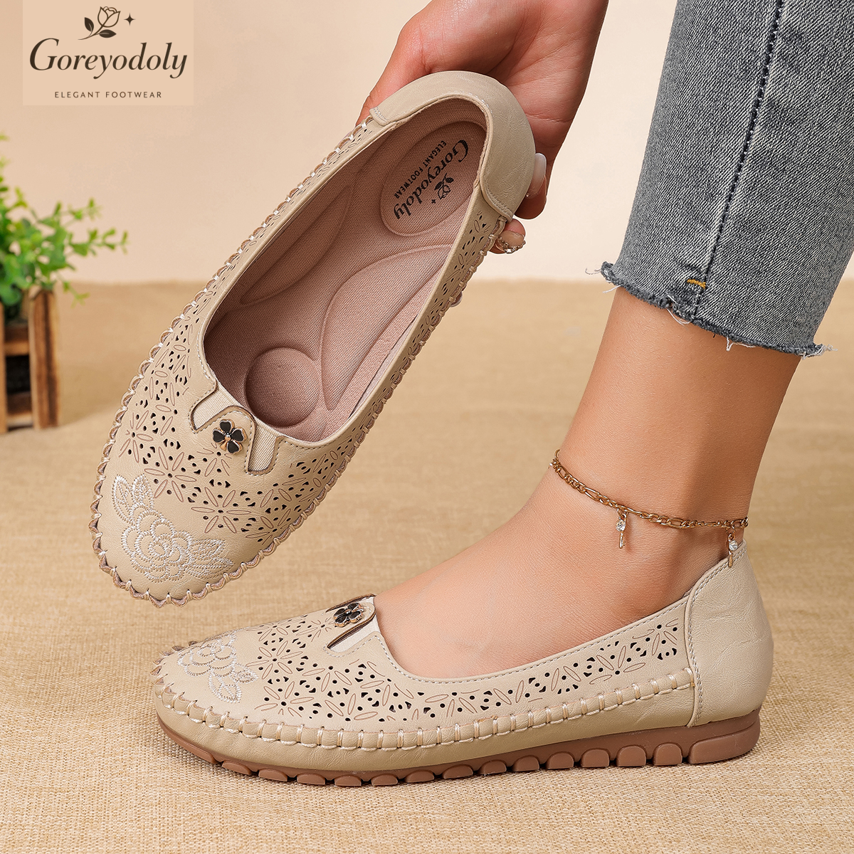 Embroidery Embellishments - Goreyodoly 여성용 로퍼 꽃무늬 자수 중공