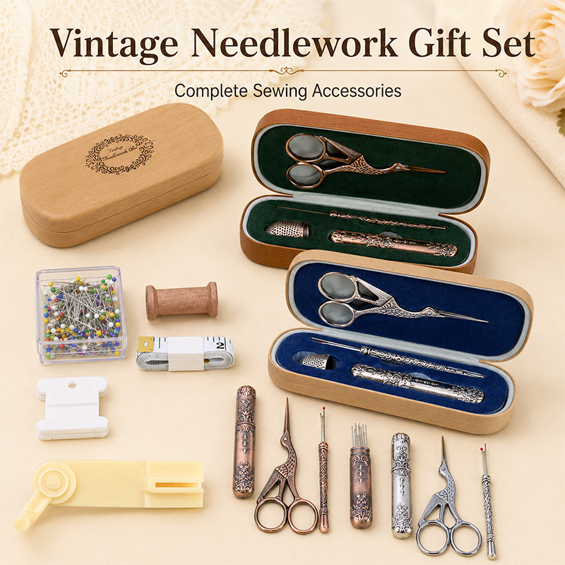 Craft Embellishment Storage - 빈티지 재봉 도구 세트(나무 보관함 포함),