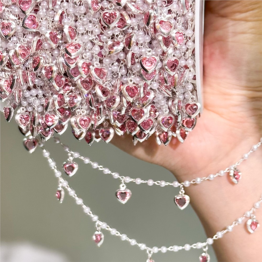 Pearl Trim Chain - 0.5미터/1미터 핑크 크리스탈 하트 황동 체인