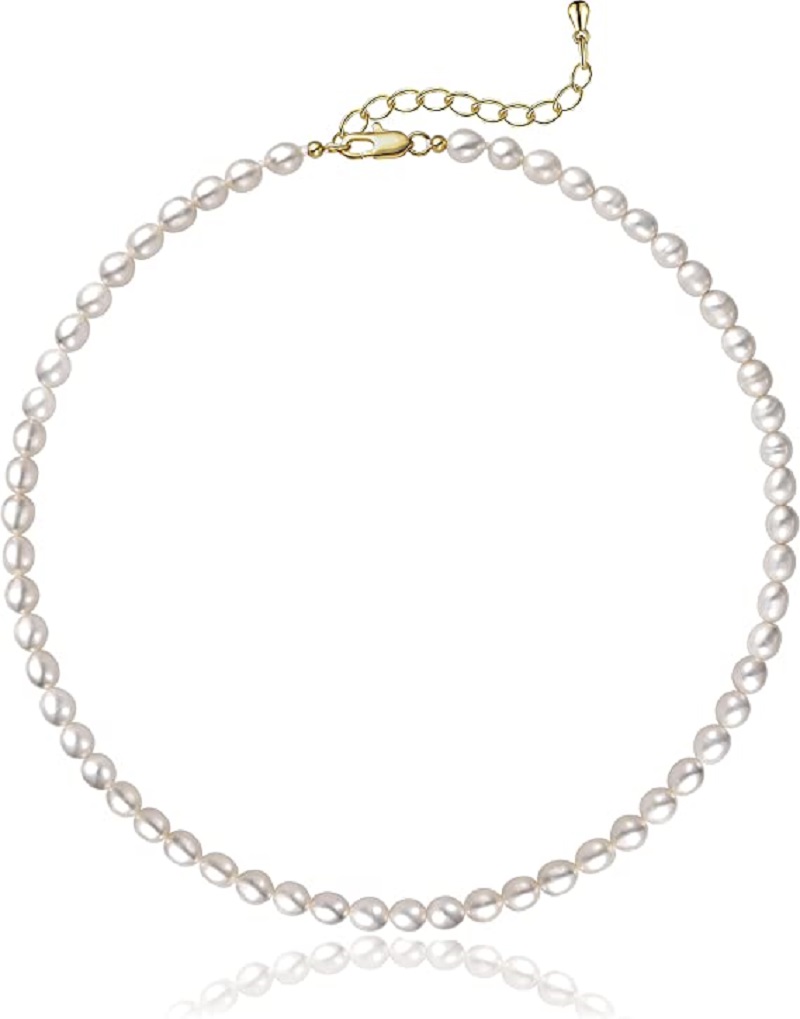 Pearl Trim Chain - 타원형 흰색 진주 목걸이, 양식 가닥