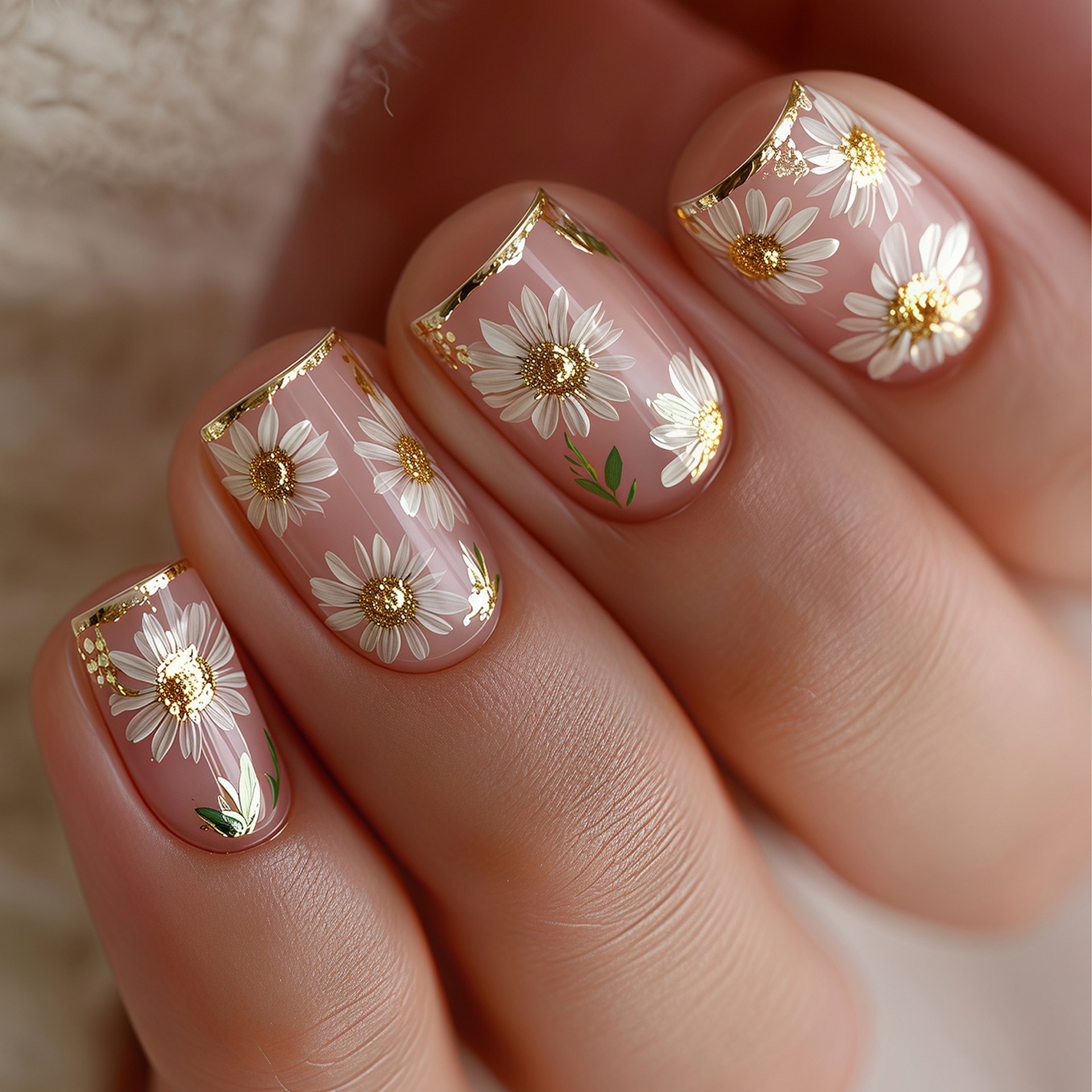 Embroidery Embellishments - 짧은 사각형 가짜 손톱, 금색 흰색