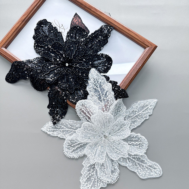 Applique Patch Flower - 화이트 레이스 스팽글 비즈 꽃 칼라