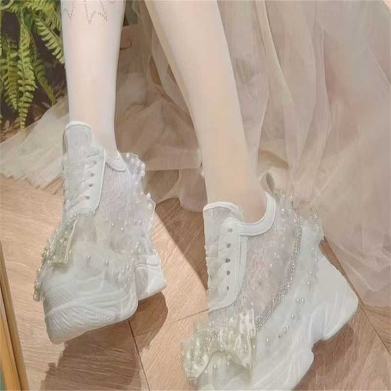 두꺼운 바닥 레이스 리본 라인 석 진주 운동화 손 맞춤 - Crystal Mesh Fabric 리뷰 및 가격