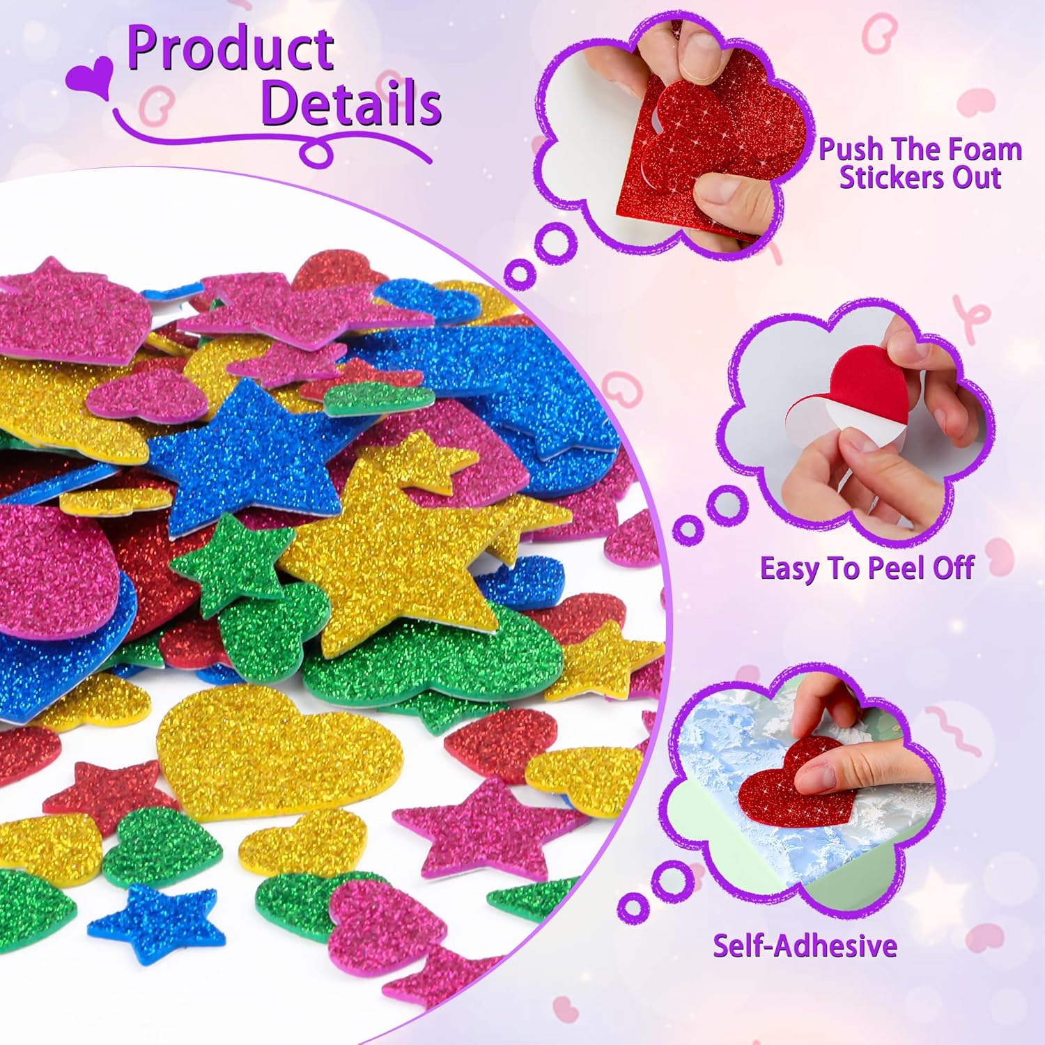 625Pcs 반짝이 하트 폼 스티커 다채로운 자체 접착 - Glitter Vinyl Roll 리뷰 및 가격